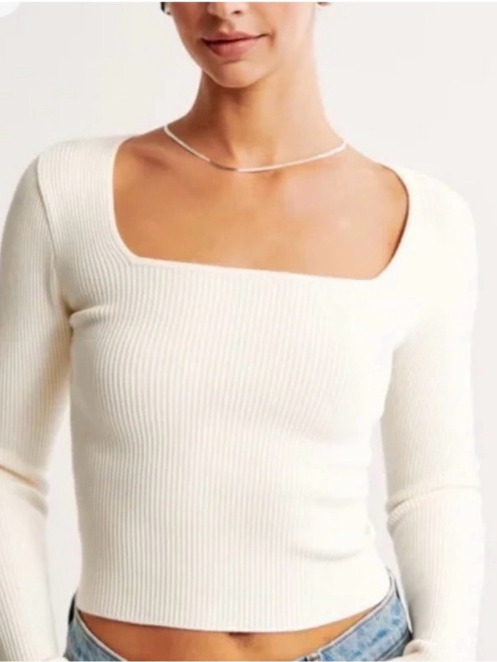 Abercrombie & Fitch Cream Ribbed Square-Neck Long Sleeve Top